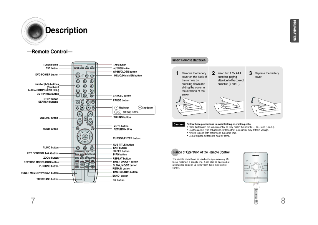 Samsung MM-DA25T/MEA, MM-DA25T/UMG, MM-DA25T/FMC manual Replace the battery cover, Range of Operation of the Remote Control 