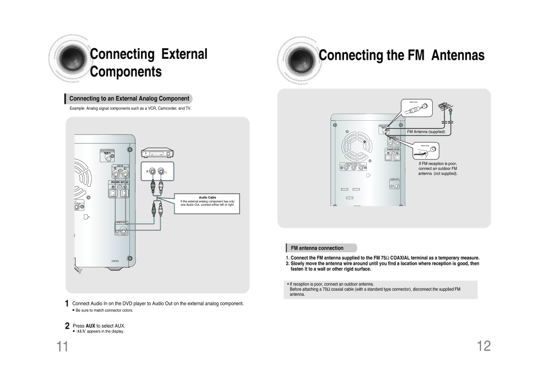 Samsung MM-DA25T/FMC, MM-DA25T/UMG, MM-DA25T/MEA manual Connecting External Components, FM antenna connection 