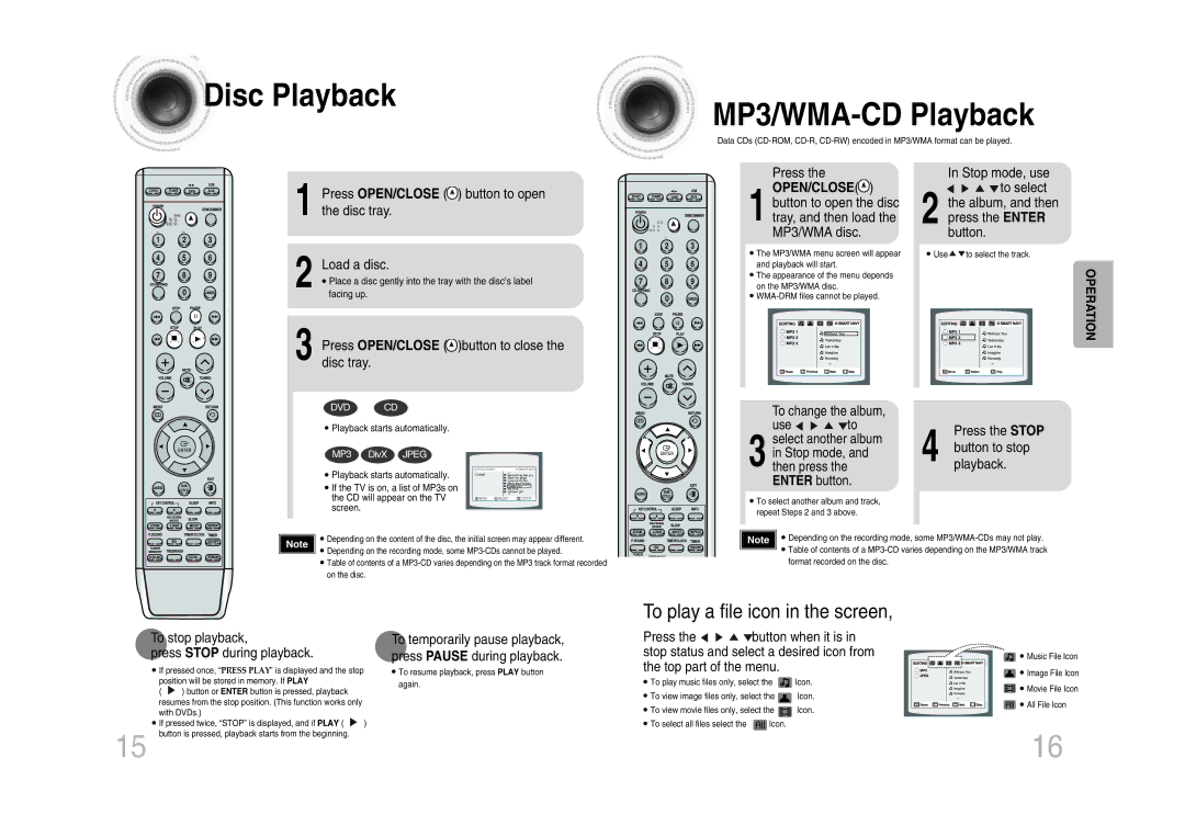 Samsung MM-DA25T/UMG, MM-DA25T/FMC manual Disc Playback MP3/WMA-CD Playback, To play a file icon in the screen, Operation 