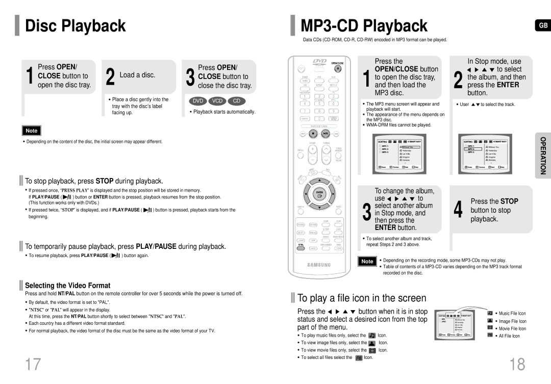 Samsung MM-DC10R/ELS manual Disc Playback MP3-CD Playback, To play a file icon in the screen, Selecting the Video Format 