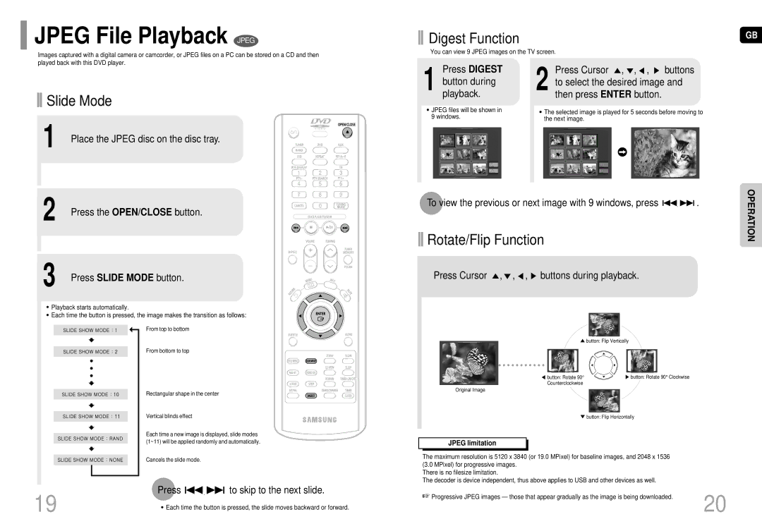 Samsung MM-DC10R/ELS manual Jpeg File Playback Jpeg, Digest Function, Slide Mode, Rotate/Flip Function 