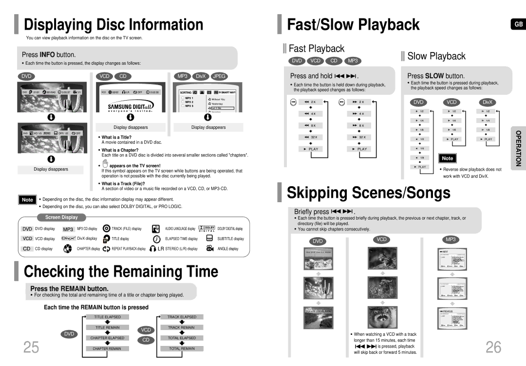 Samsung MM-DC10R/ELS manual Displaying Disc Information, Skipping Scenes/Songs, Checking the Remaining Time, Slow Playback 