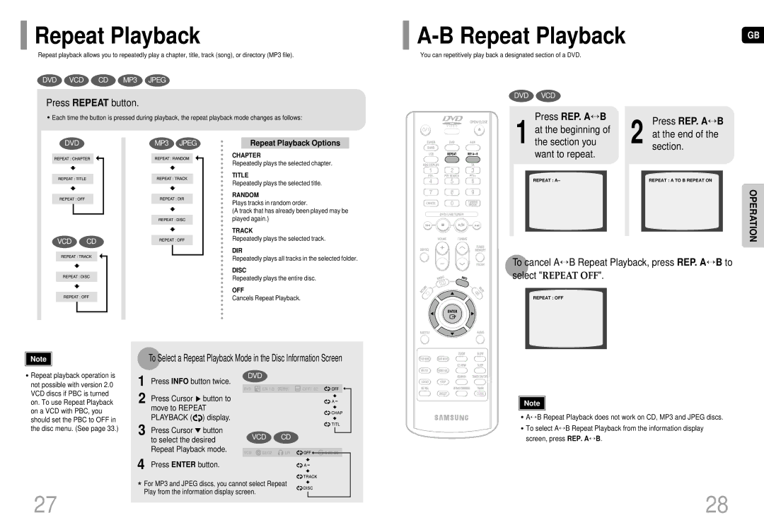 Samsung MM-DC10R/ELS Repeat Playback, Press Repeat button, Press REP. a ↔ B, At the beginning, Section you Want to repeat 