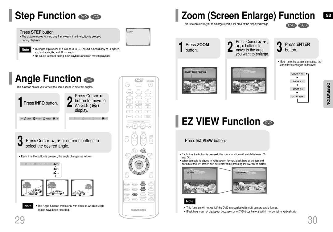 Samsung MM-DC10R/ELS manual Step Function DVD VCD, Angle Function DVD, EZ View Function DVD 