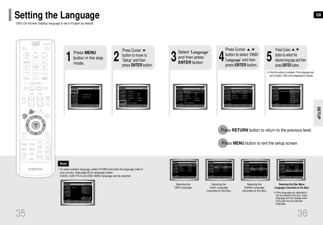 Samsung MM-DC10R/ELS manual Setting the Language, Press Menu Press Cursor, Press Enter button 