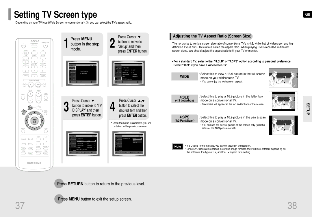 Samsung MM-DC10R/ELS manual Setting TV Screen type, Adjusting the TV Aspect Ratio Screen Size, ‘Setup’ and then, 43LB, 43PS 