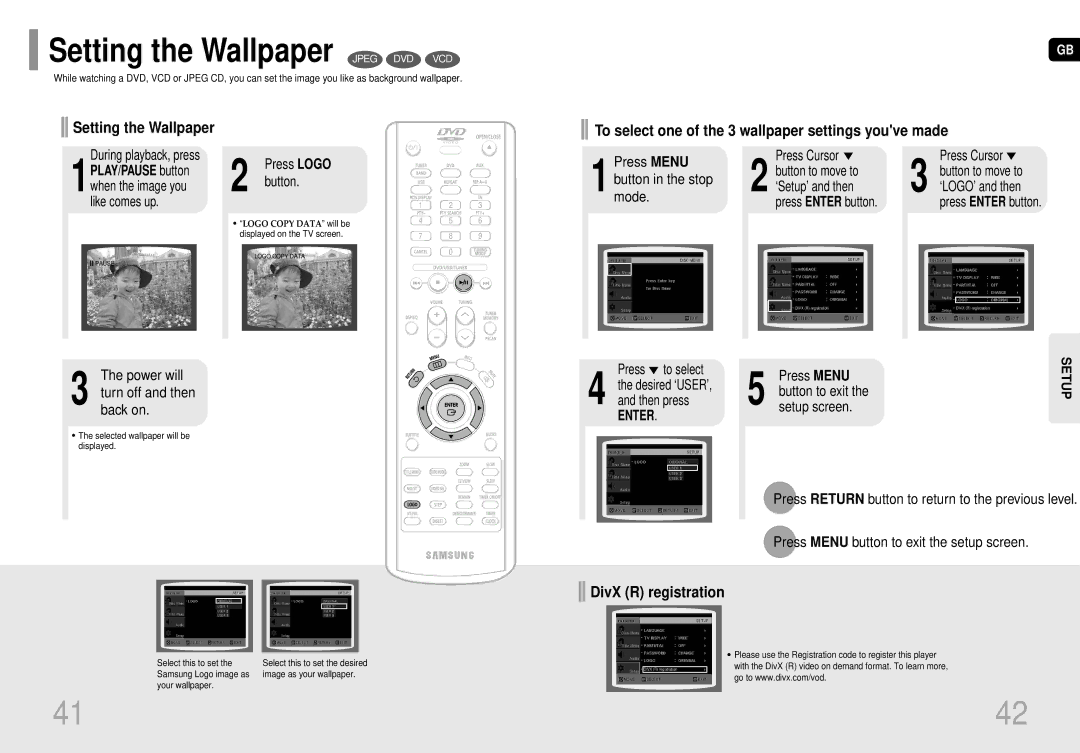 Samsung MM-DC10R/ELS manual Setting the Wallpaper Jpeg DVD VCD 