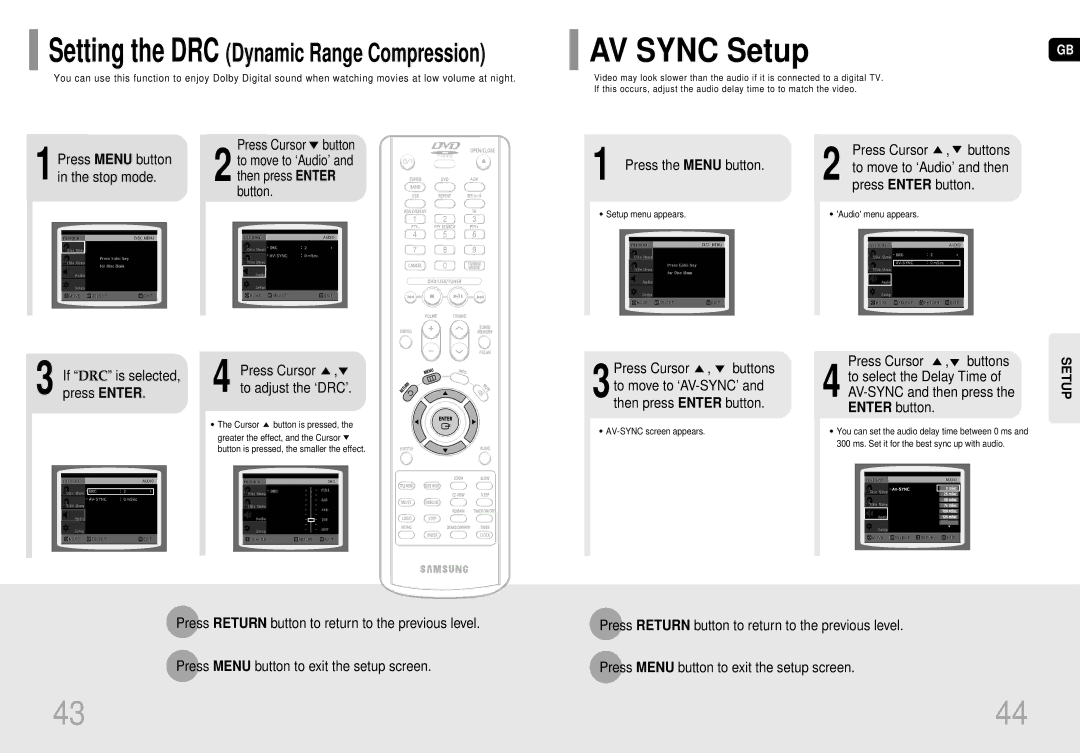 Samsung MM-DC10R/ELS manual AV Sync Setup, Press Menu button, Stop mode, Button Press the Menu button 