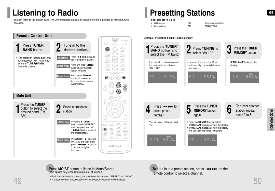 Samsung MM-DC10R/ELS manual Listening to Radio, Presetting Stations, Remote Control Unit, Main Unit, Memory button 