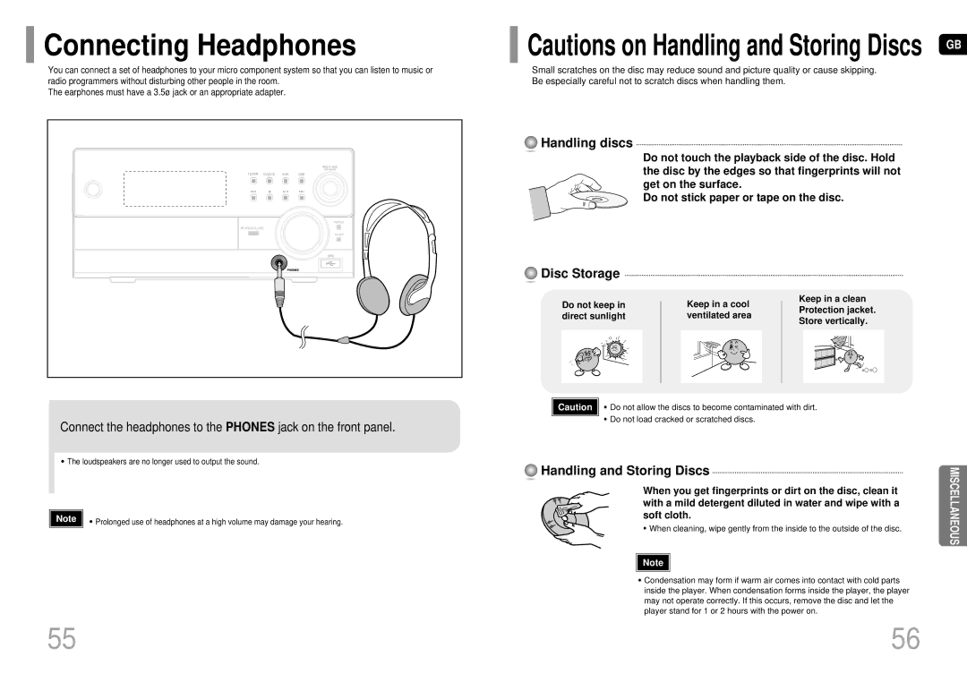 Samsung MM-DC10R/ELS manual Connecting Headphones, Handling discs, Disc Storage, Handling and Storing Discs 