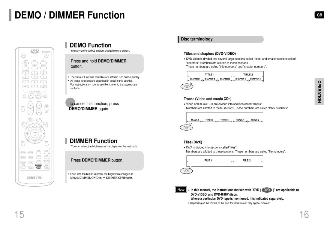 Samsung MM-DC10R/ELS manual Demo / Dimmer Function, DEMO/DIMMER again, Disc terminology 