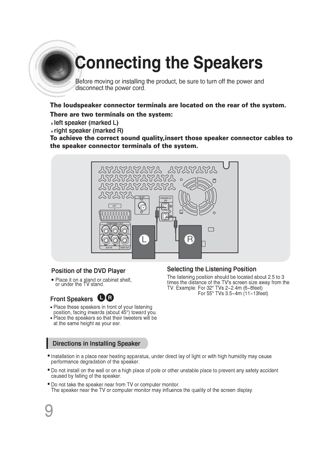 Samsung MM-DG25R/EDC, MM-DG25R/XEF, MM-DG25R/XET, MM-DG25T/UMG, MM-DG25R/XEE manual Connecting the Speakers, Front Speakers L R 