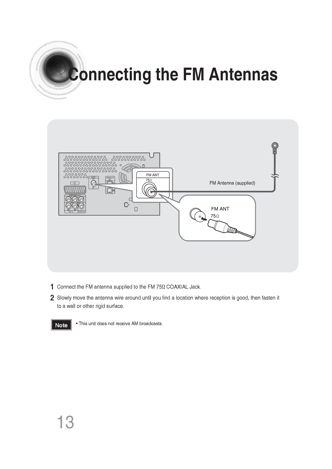 Samsung MM-DG25R/XEE, MM-DG25R/EDC, MM-DG25R/XEF, MM-DG25R/XET, MM-DG25T/UMG manual Connecting the FM Antennas 