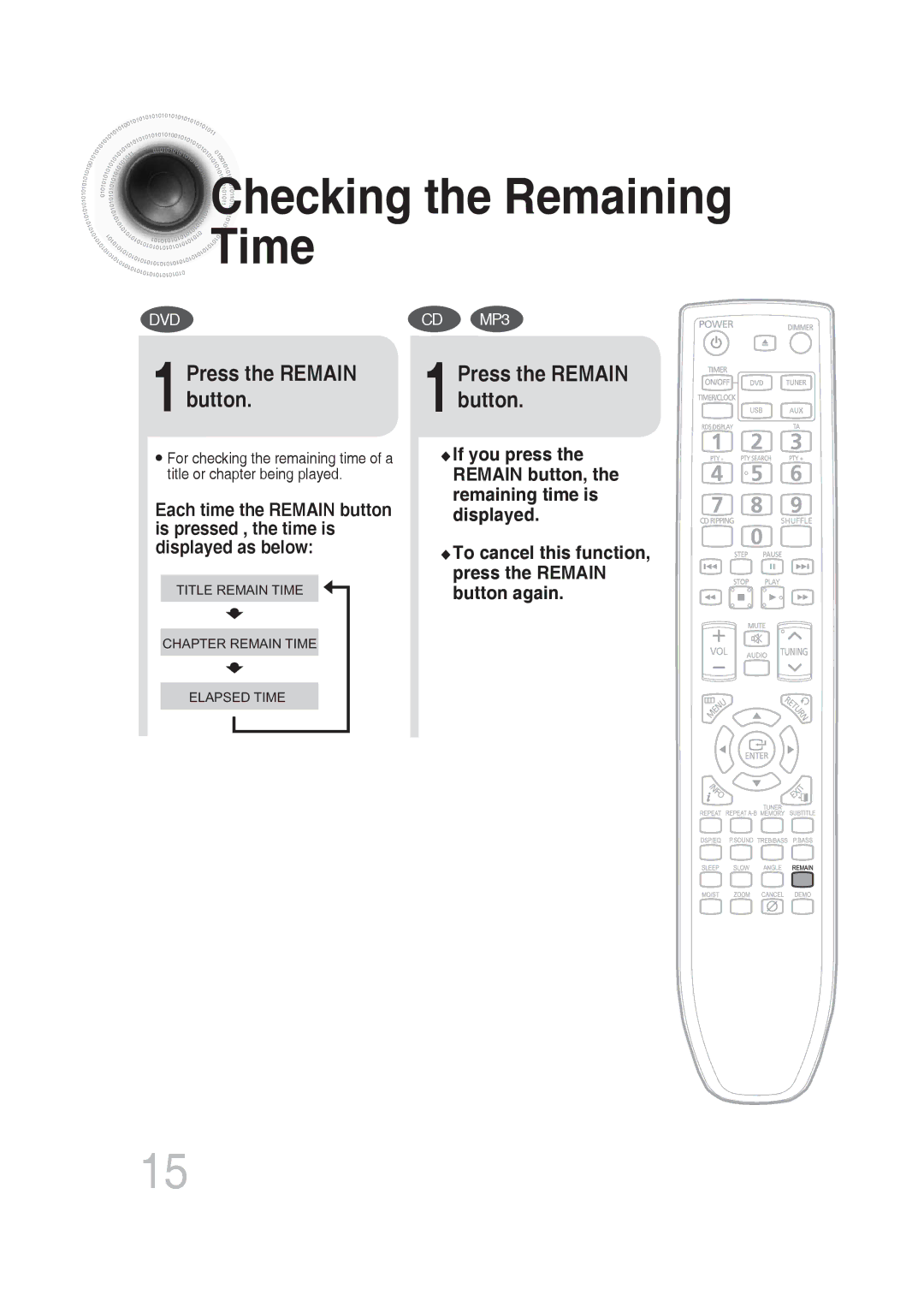 Samsung MM-DG25R/XEF, MM-DG25R/EDC, MM-DG25R/XET, MM-DG25T/UMG manual Checking the Remaining Time, 1Press the Remain button 