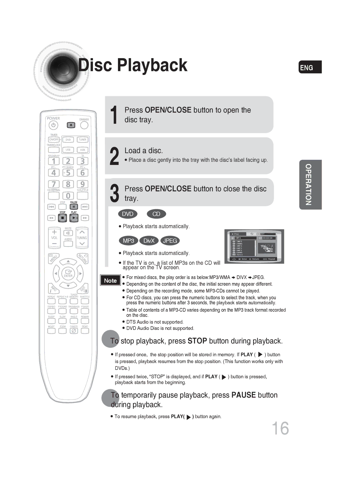 Samsung MM-DG25R/XET, MM-DG25R/EDC manual Disc Playback, Press OPEN/CLOSE button to open the disc tray Load a disc, Tray 