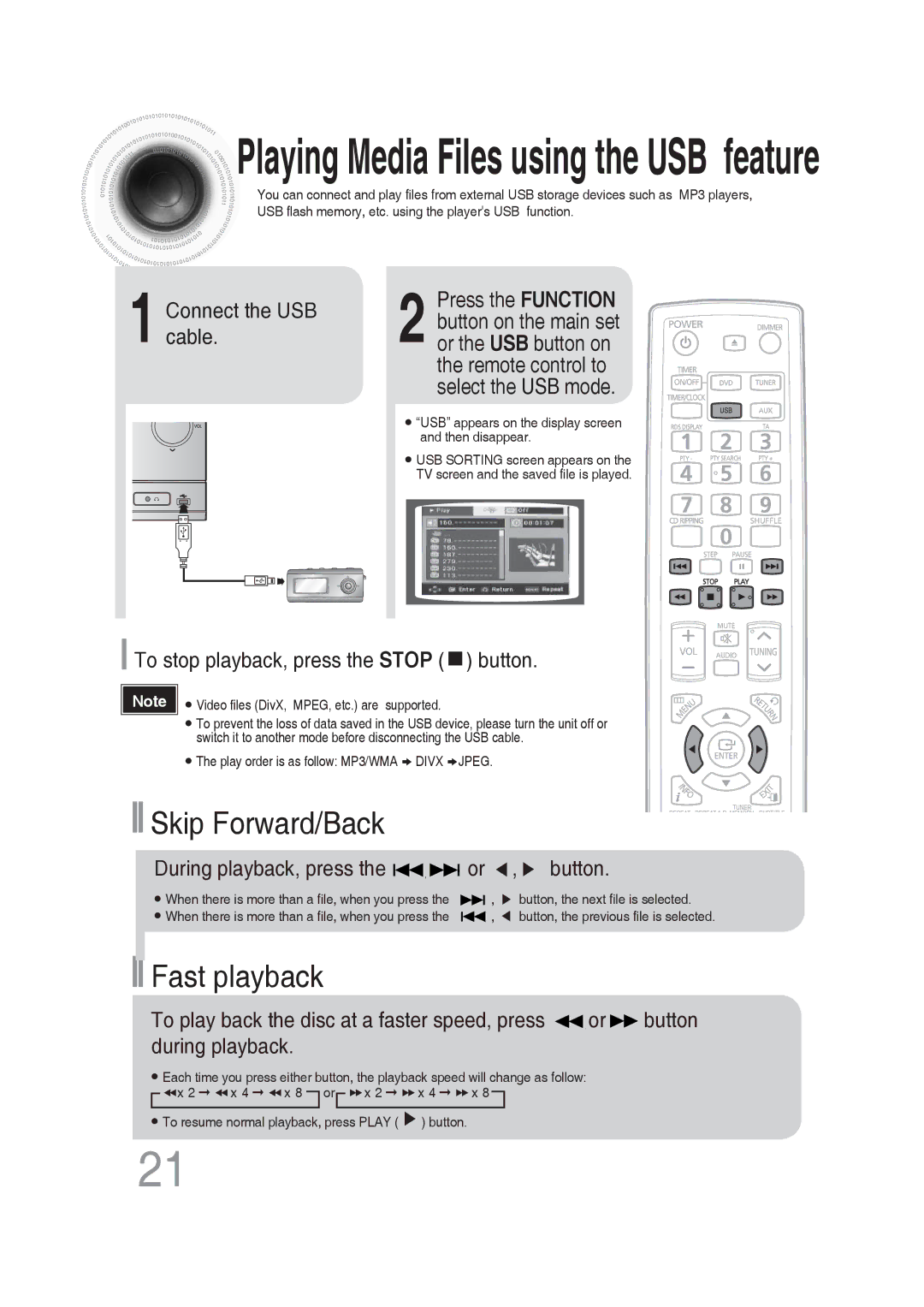 Samsung MM-DG25R/XET, MM-DG25R/EDC, MM-DG25R/XEF manual Connect the USB cable, To stop playback, press the Stop button 