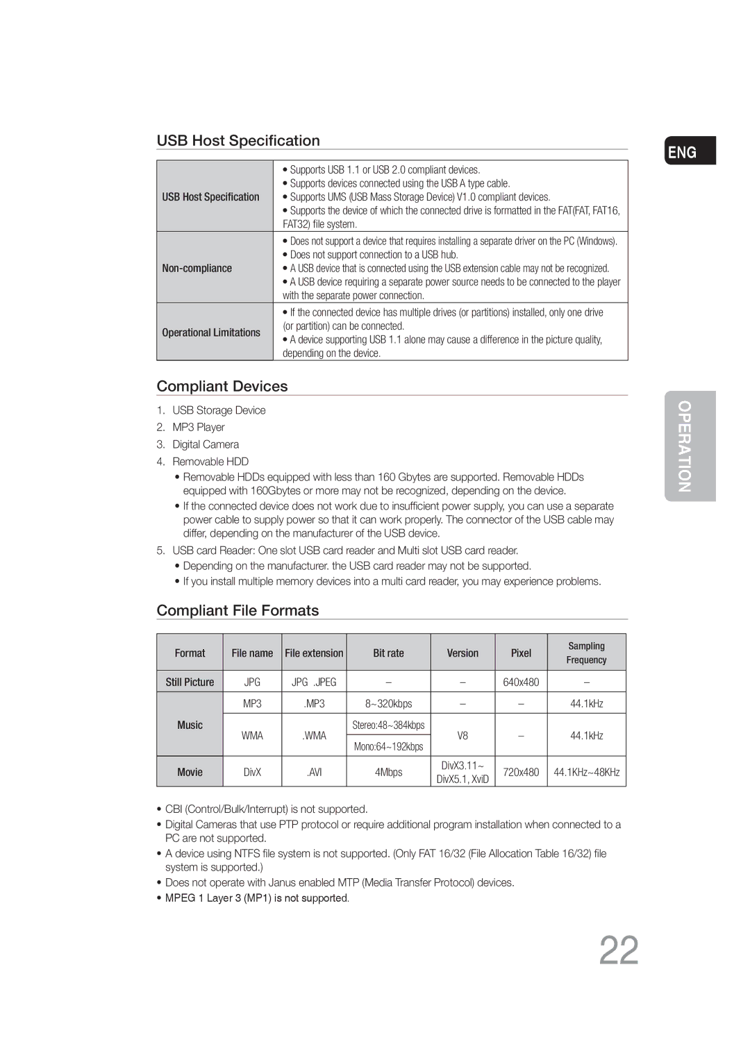 Samsung MM-DG25T/UMG, MM-DG25R/EDC, MM-DG25R/XEF, MM-DG25R/XET, MM-DG25R/XEE manual USB Host Speciﬁcation 