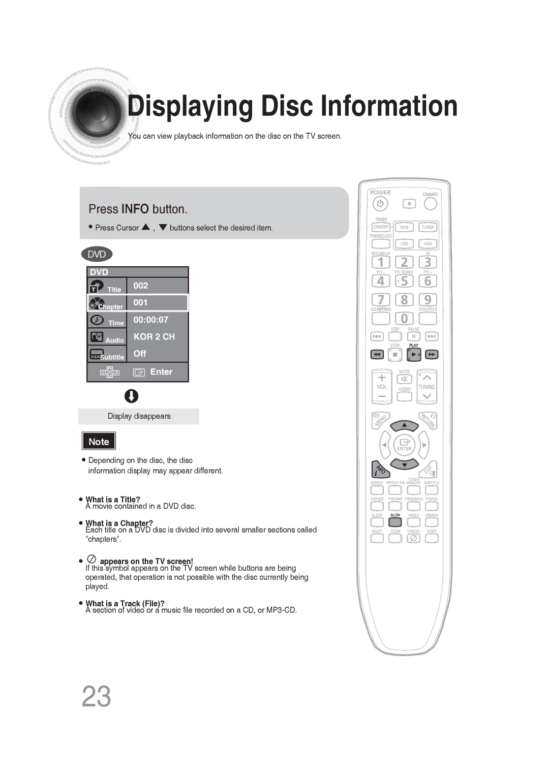 Samsung MM-DG25R/XEE, MM-DG25R/EDC, MM-DG25R/XEF, MM-DG25R/XET, MM-DG25T/UMG Displaying Disc Information, Press Info button 