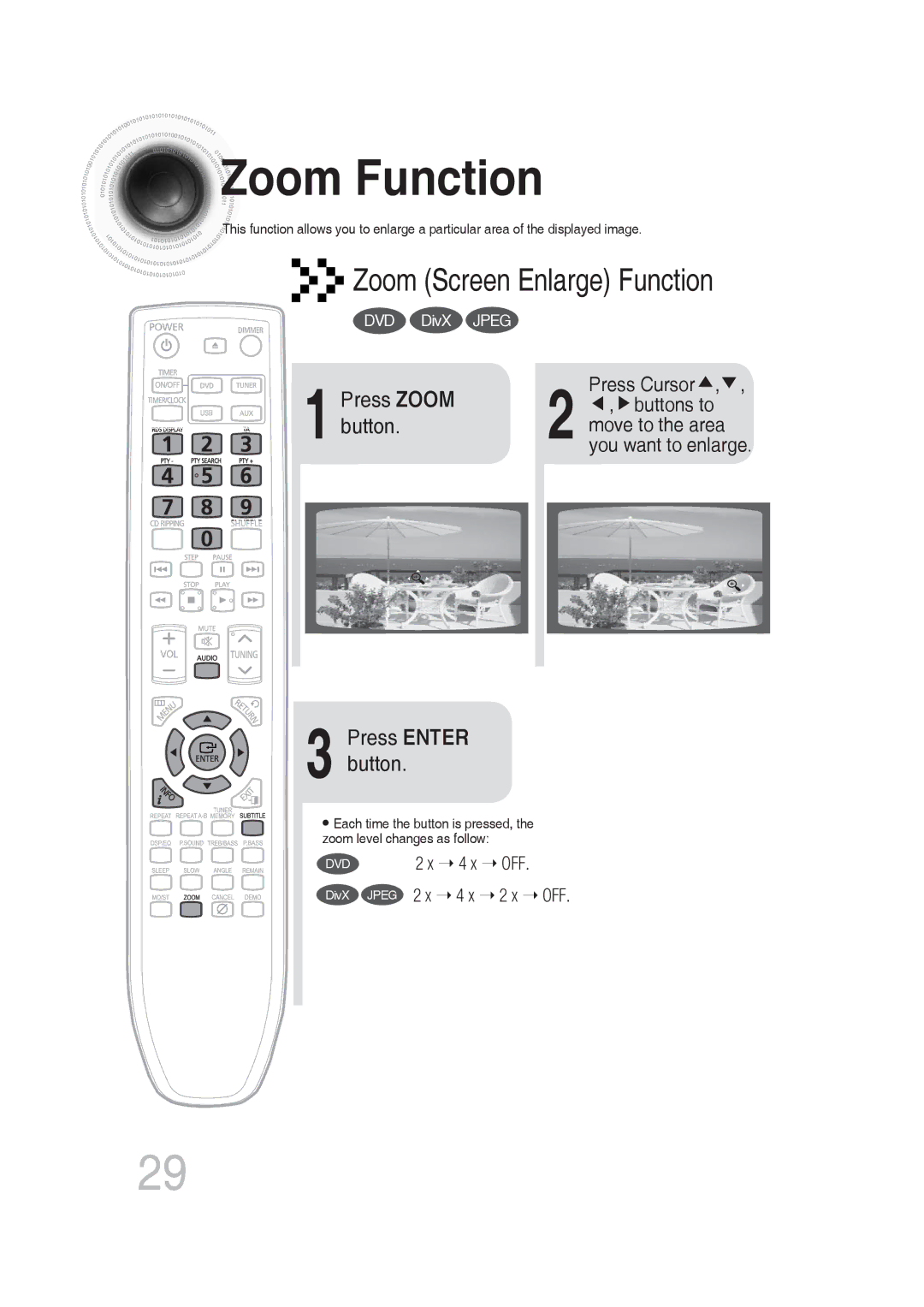 Samsung MM-DG25R/EDC, MM-DG25R/XEF, MM-DG25R/XET, MM-DG25T/UMG, MM-DG25R/XEE manual Zoom Function, Zoom Screen Enlarge Function 