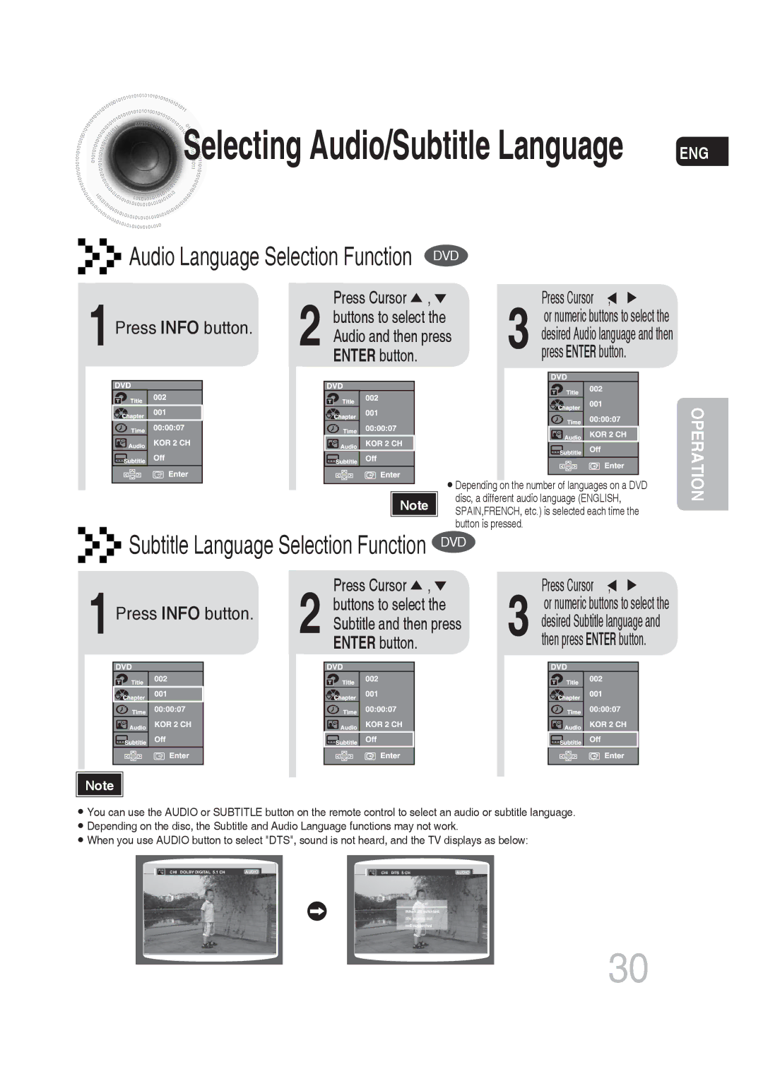 Samsung MM-DG25R/XEF manual Audio Language Selection Function, Press Info button Buttons to select, Audio and then press 