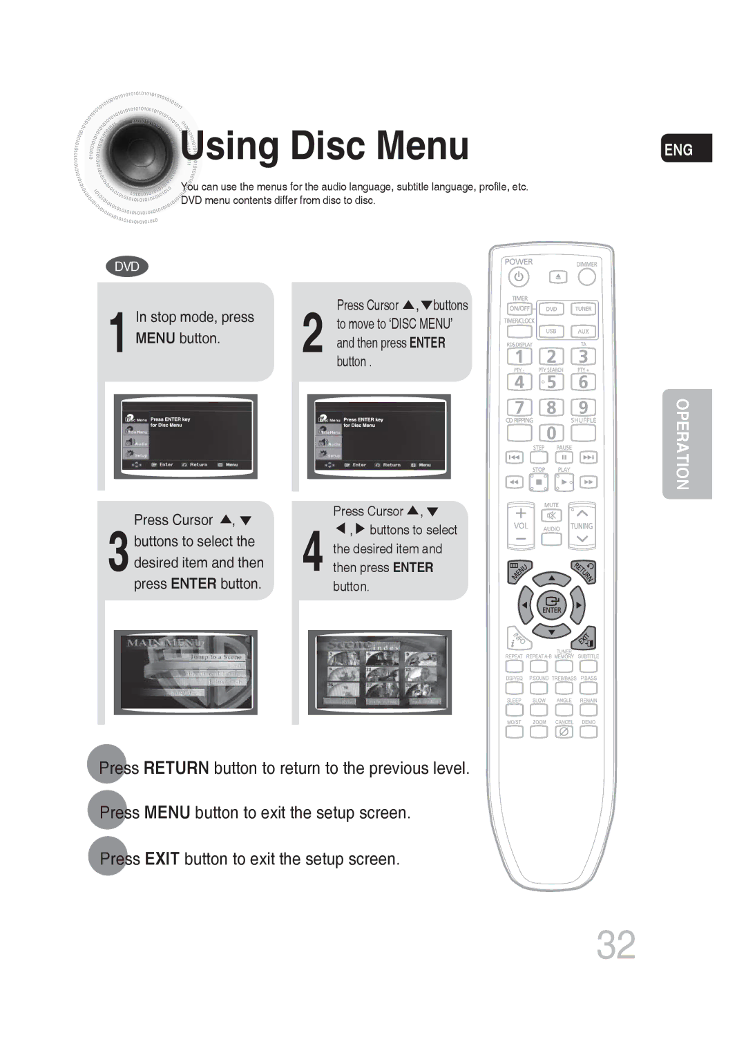 Samsung MM-DG25T/UMG, MM-DG25R/EDC, MM-DG25R/XEF, MM-DG25R/XET, MM-DG25R/XEE manual Using Disc Menu 