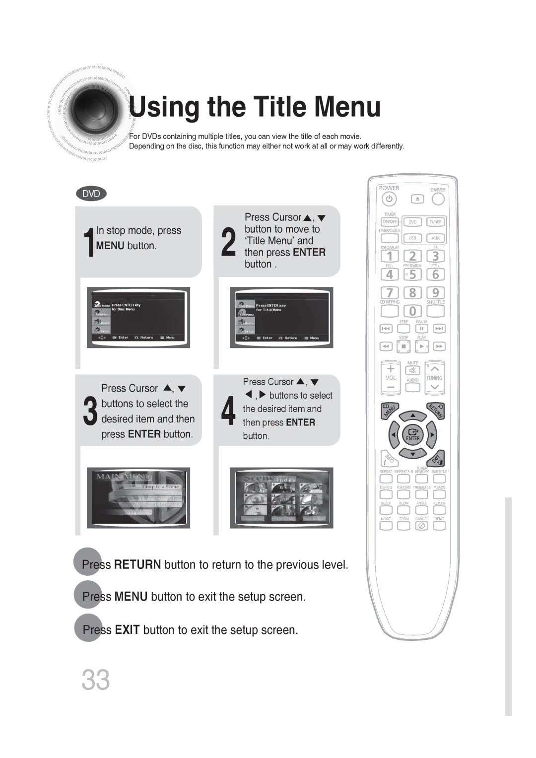 Samsung MM-DG25R/XEE, MM-DG25R/EDC, MM-DG25R/XEF, MM-DG25R/XET, MM-DG25T/UMG manual Using the Title Menu 