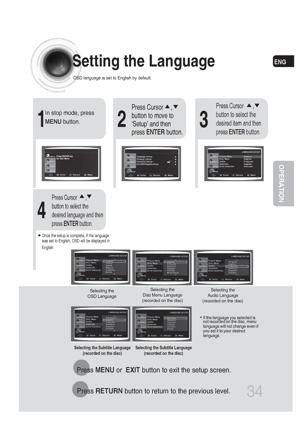 Samsung MM-DG25R/EDC, MM-DG25R/XEF, MM-DG25R/XET Setting the Language, Press Cursor, Button to move to, ‘Setup’ and then 