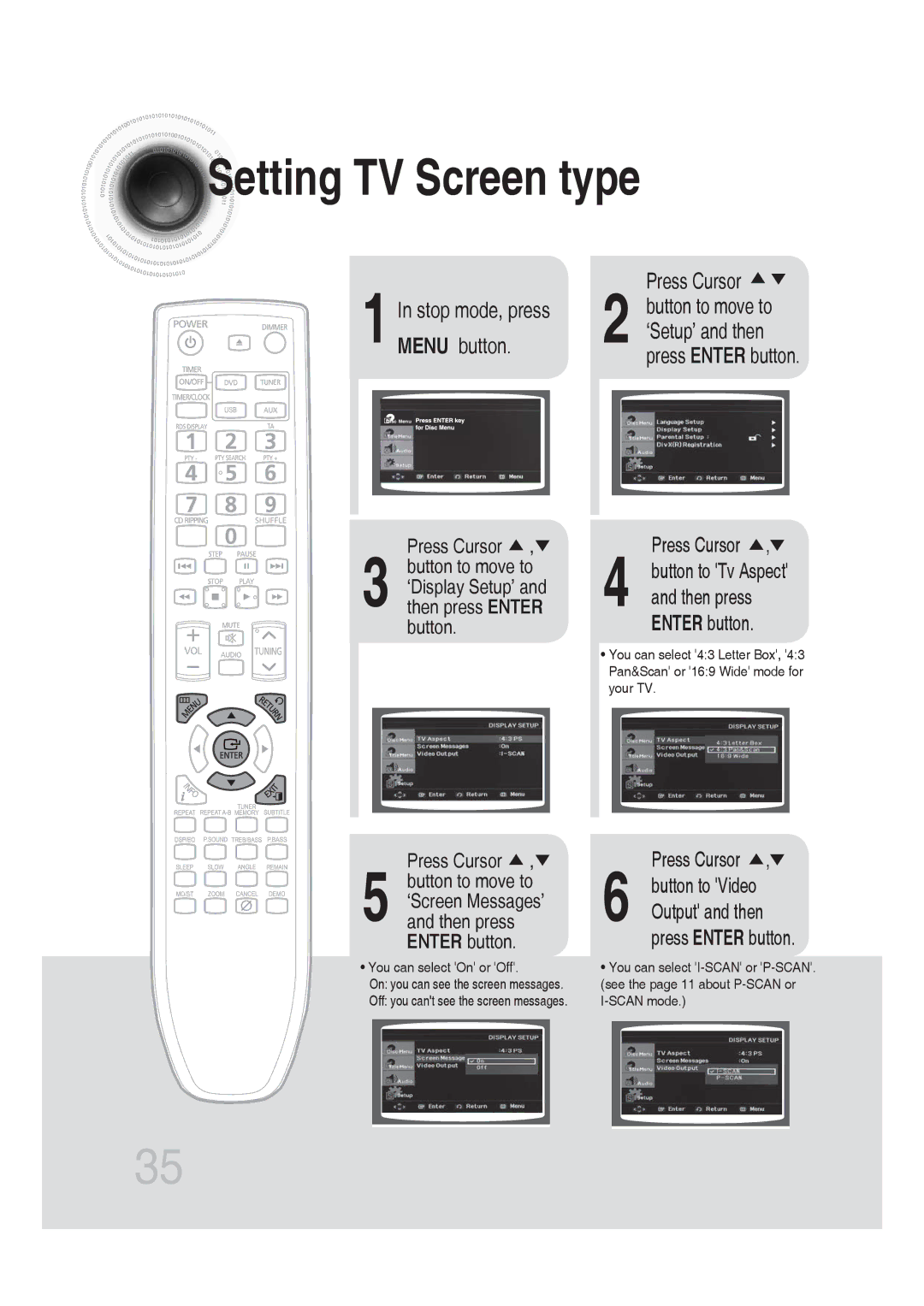 Samsung MM-DG25R/XEF, MM-DG25R/EDC, MM-DG25R/XET, MM-DG25T/UMG manual Setting TV Screen type, Stop mode, press, Menu button 