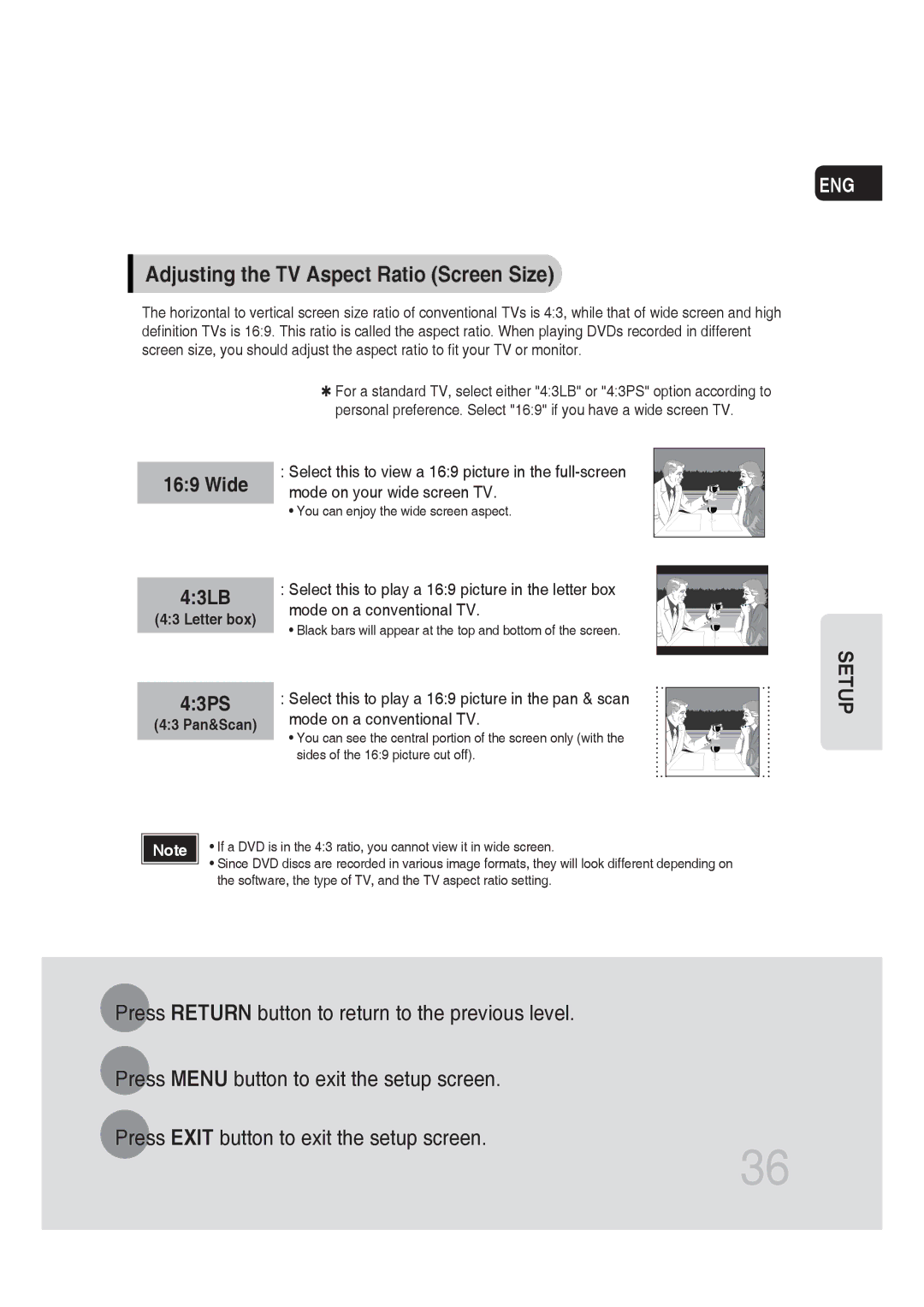 Samsung MM-DG25R/XET, MM-DG25R/EDC, MM-DG25R/XEF manual Adjusting the TV Aspect Ratio Screen Size, Letter box, 43 Pan&Scan 