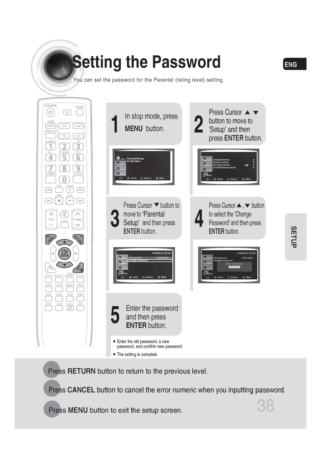 Samsung MM-DG25R/XEE, MM-DG25R/EDC, MM-DG25R/XEF Setting the Password, Press Enter button, Move to ‘Parental, Then press 