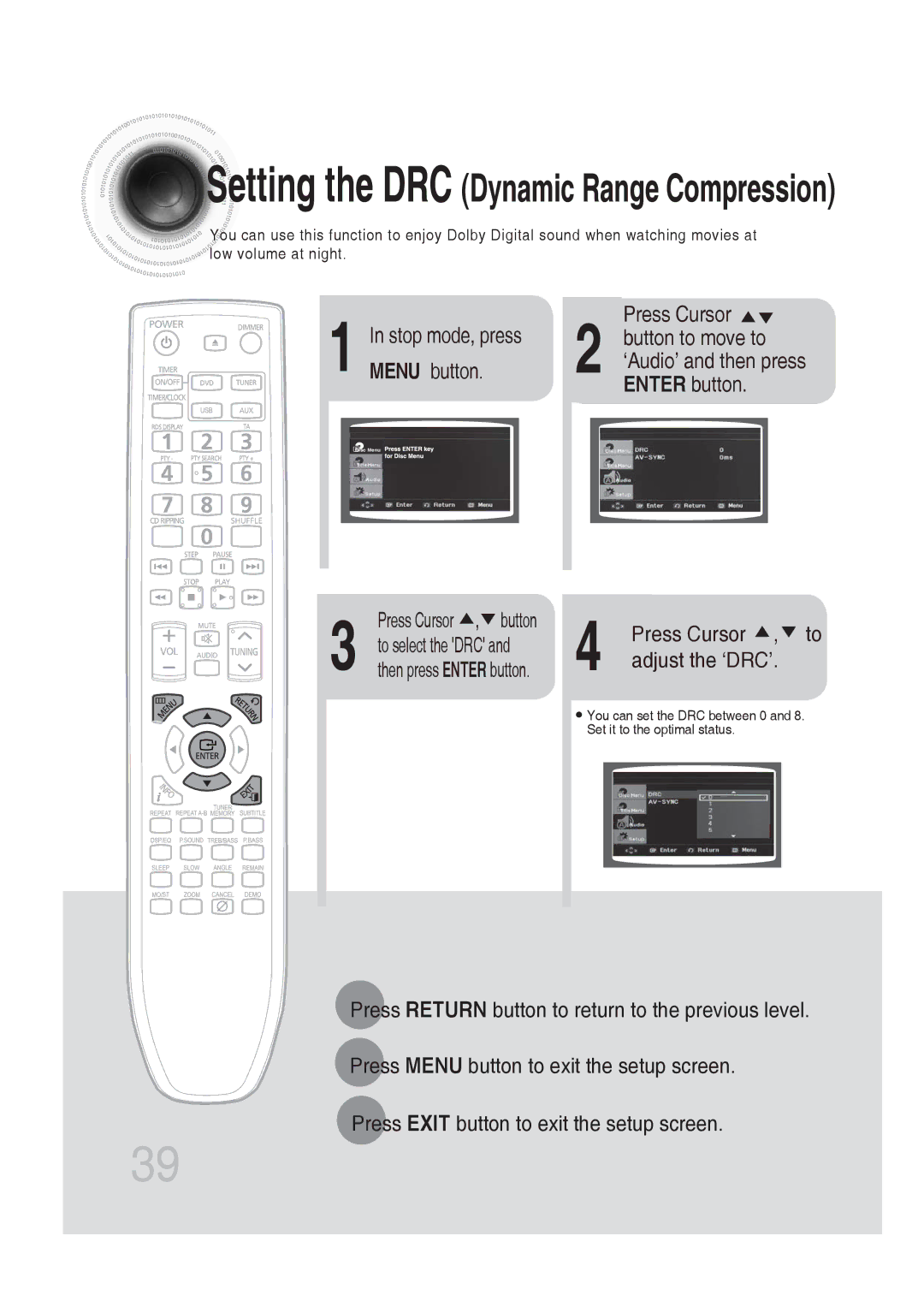 Samsung MM-DG25R/EDC, MM-DG25R/XEF manual Setting the DRC Dynamic Range Compression, Press Cursor , to adjust the ‘DRC’ 