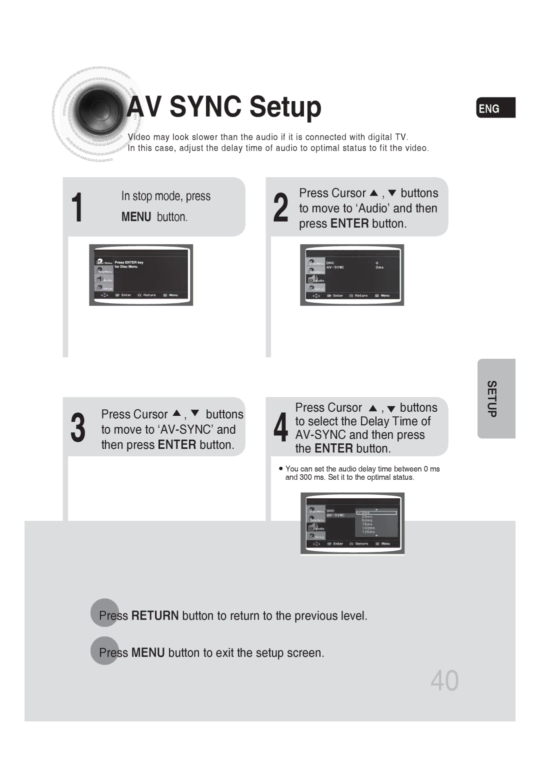 Samsung MM-DG25R/XEF, MM-DG25R/EDC AV Sync Setup, Stop mode, press Press Cursor , buttons, Menu button Press Enter button 