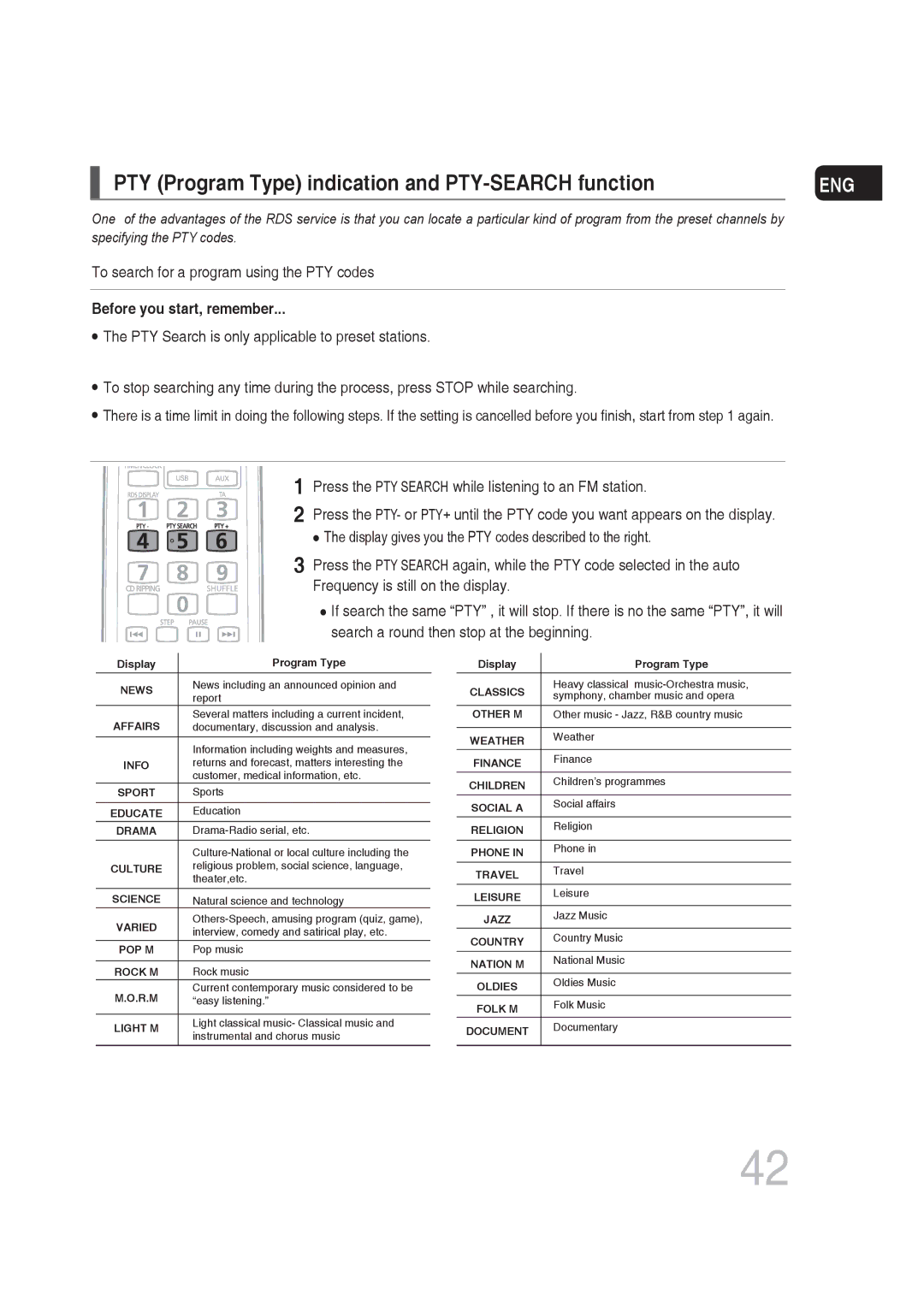 Samsung MM-DG25T/UMG, MM-DG25R/EDC manual PTY Program Type indication and PTY-SEARCH function, Before you start, remember 