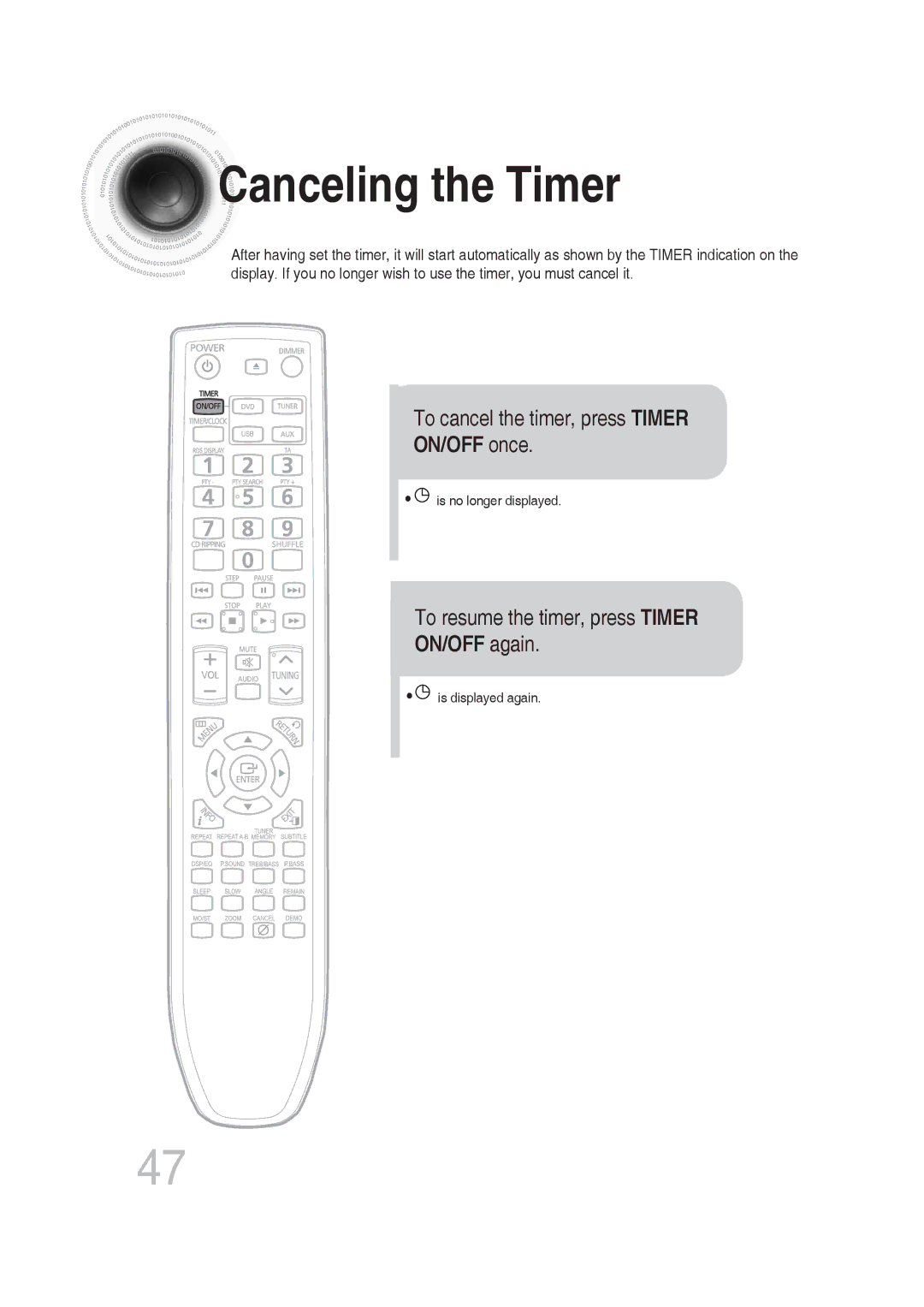 Samsung MM-DG25T/UMG Canceling the Timer, To cancel the timer, press Timer, ON/OFF once, To resume the timer, press Timer 