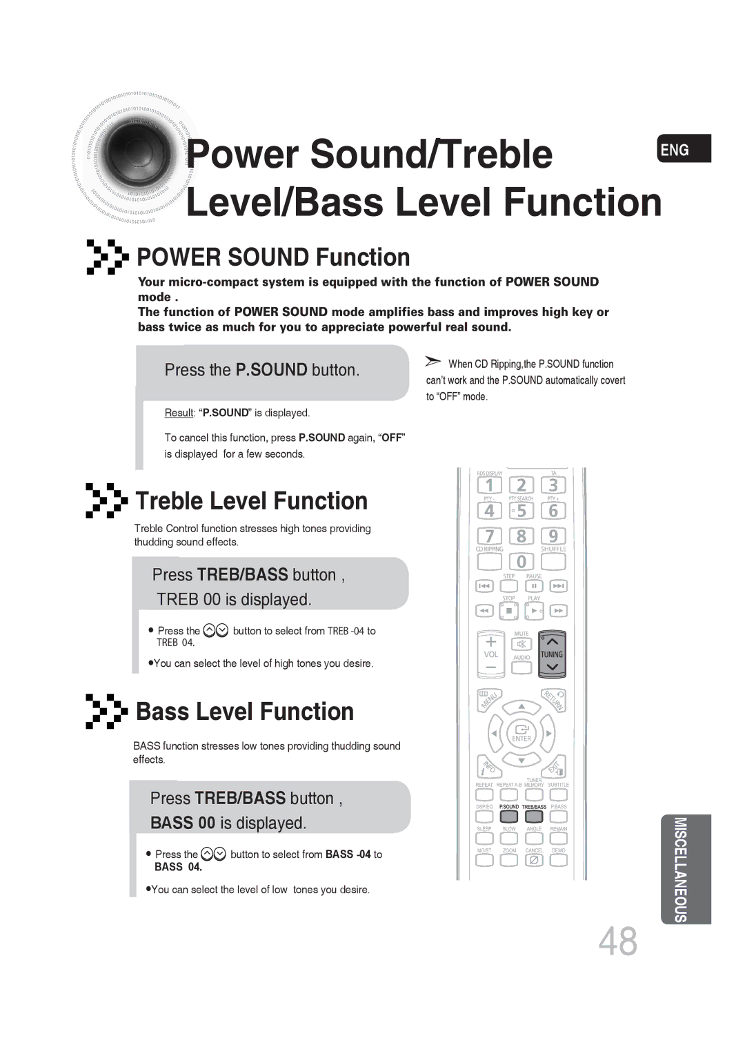 Samsung MM-DG25R/XEE, MM-DG25R/EDC, MM-DG25R/XEF Power Sound/Treble, Level/Bass Level Function, Press the P.SOUND button 