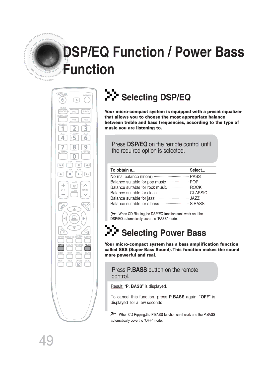 Samsung MM-DG25R/EDC DSP/EQ Function / Power Bass Function, Press P.BASS button on the remote control, To obtain a Select 