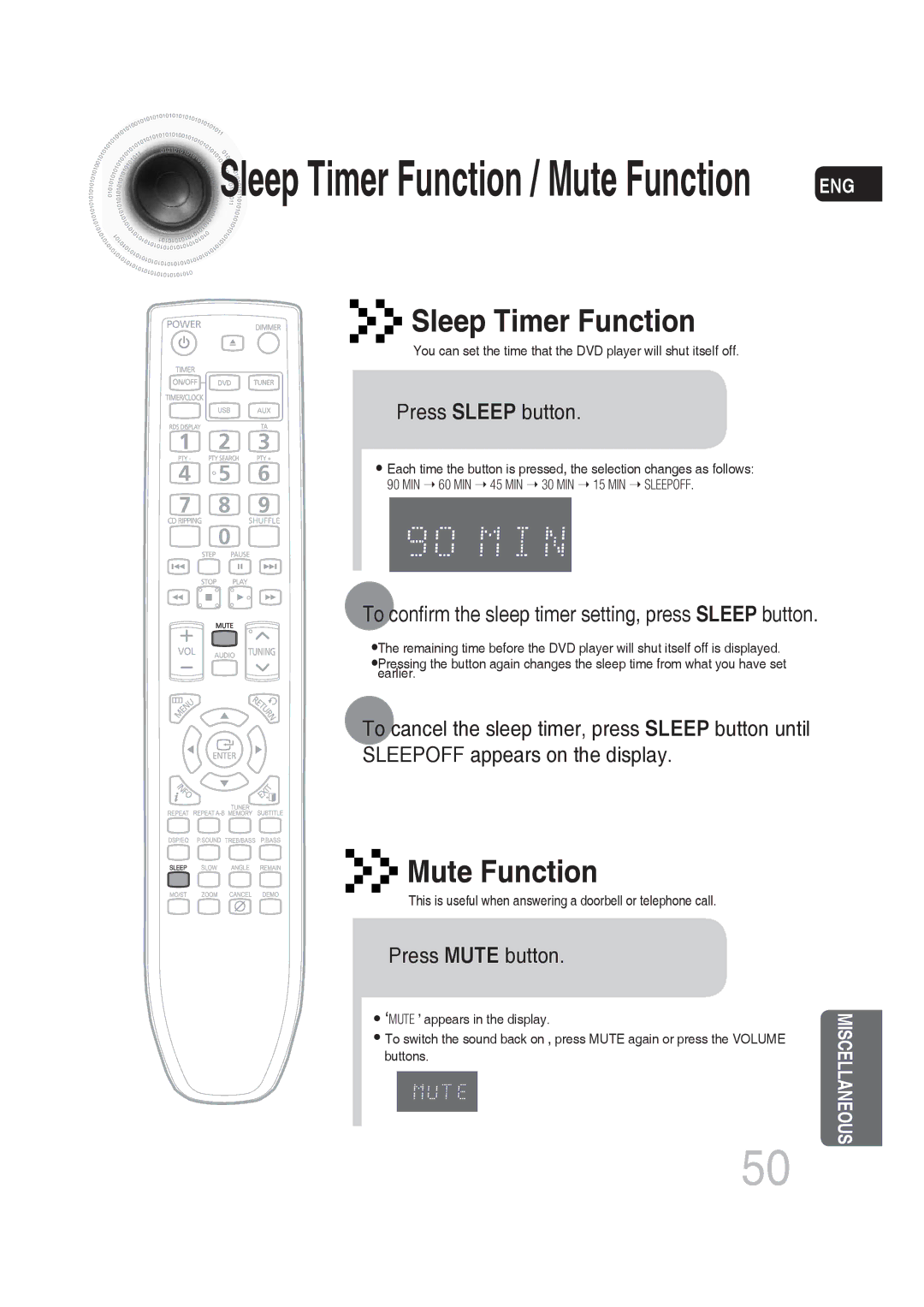 Samsung MM-DG25R/XEF manual Press Sleep button, To confirm the sleep timer setting, press Sleep button, Press Mute button 