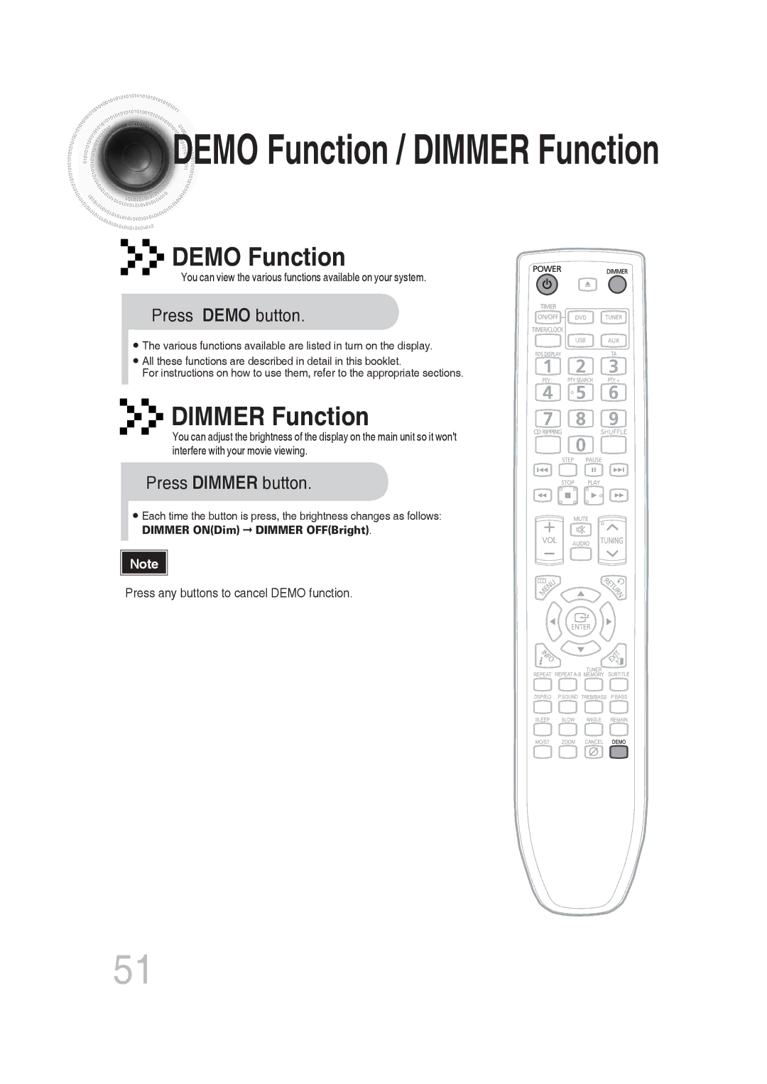 Samsung MM-DG25R/XET, MM-DG25R/EDC, MM-DG25R/XEF, MM-DG25T/UMG, MM-DG25R/XEE manual Press Demo button, Press Dimmer button 