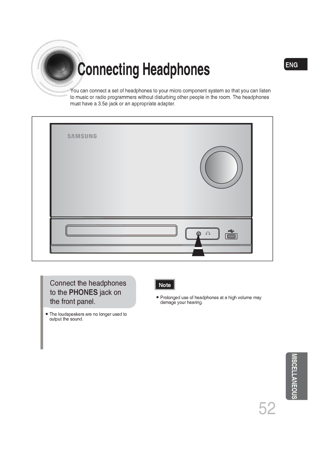 Samsung MM-DG25T/UMG, MM-DG25R/EDC, MM-DG25R/XEF, MM-DG25R/XET, MM-DG25R/XEE manual Connecting Headphones 