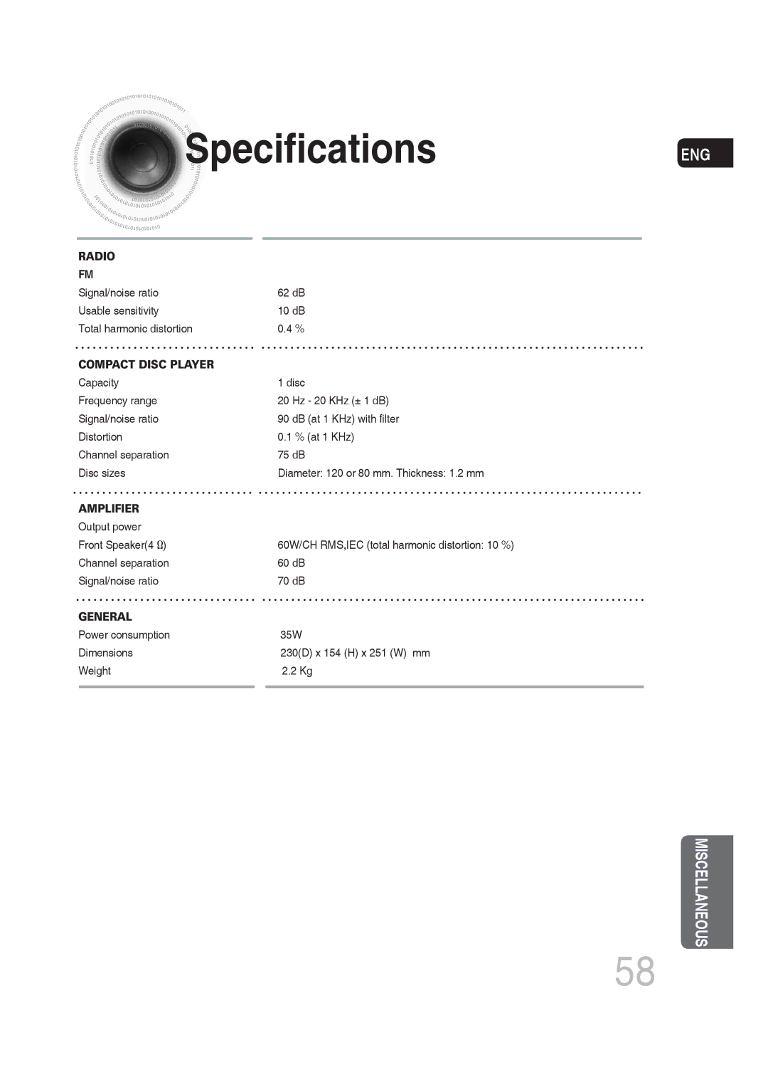 Samsung MM-DG25R/XEE, MM-DG25R/EDC, MM-DG25R/XEF, MM-DG25R/XET, MM-DG25T/UMG manual Specifications, Compact Disc Player 