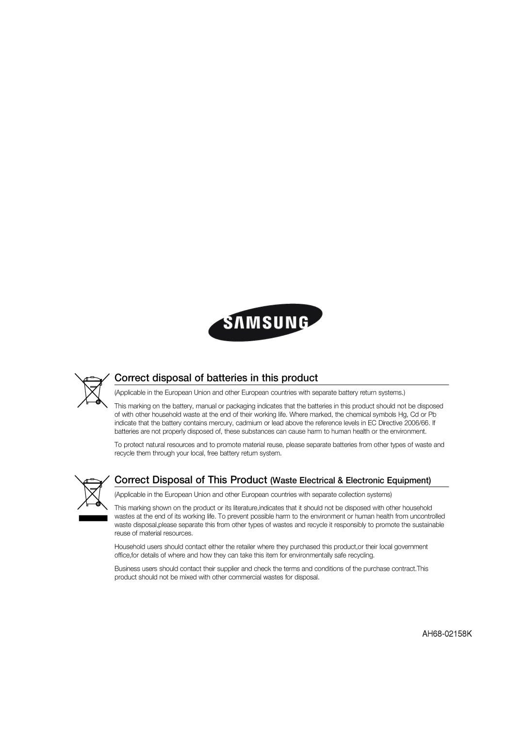 Samsung MM-DG25R/XEF, MM-DG25R/EDC, MM-DG25R/XET, MM-DG25T/UMG, MM-DG25R/XEE Correct disposal of batteries in this product 