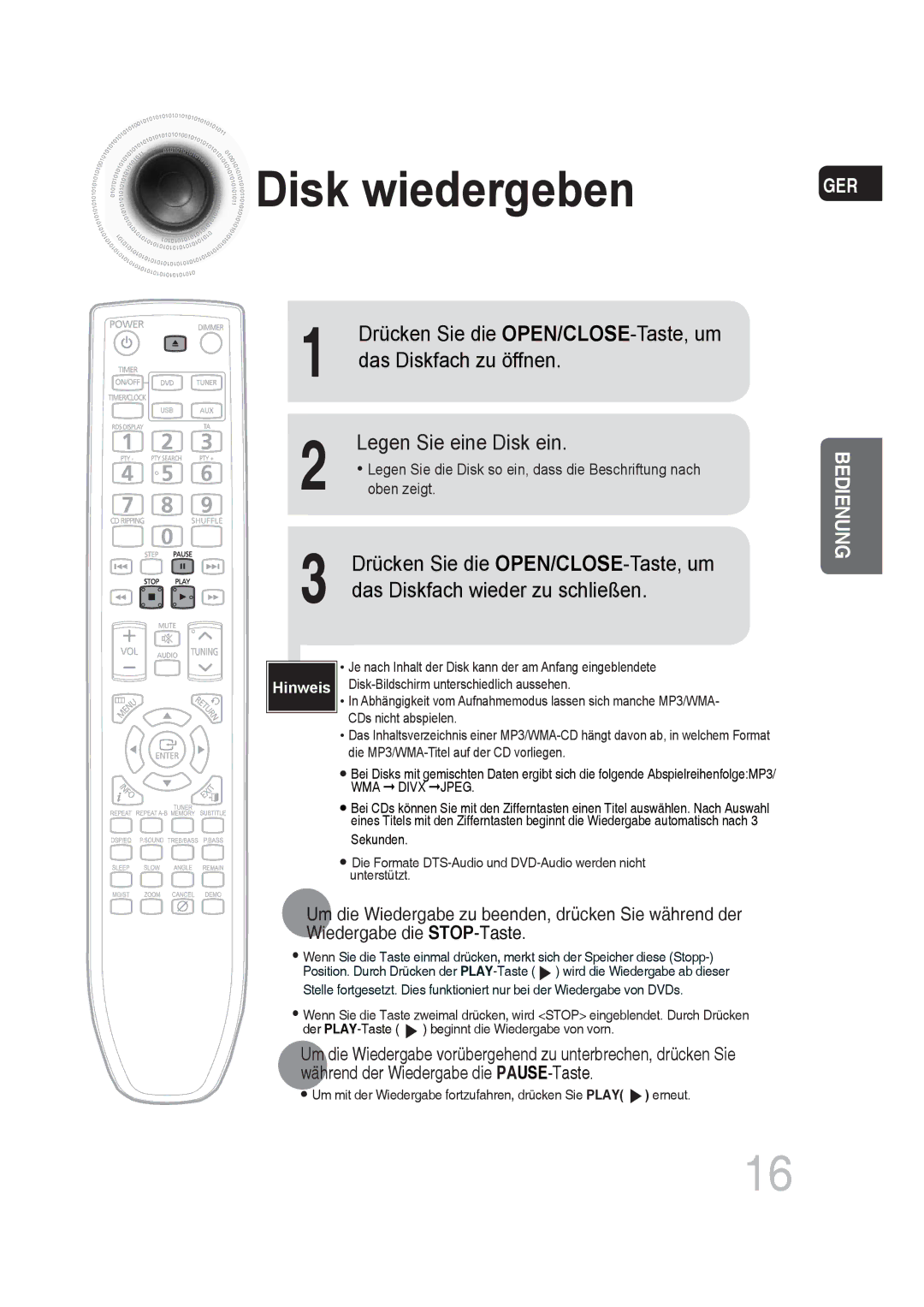 Samsung MM-DG25R/XEF, MM-DG25R/EDC manual Disk wiedergeben 