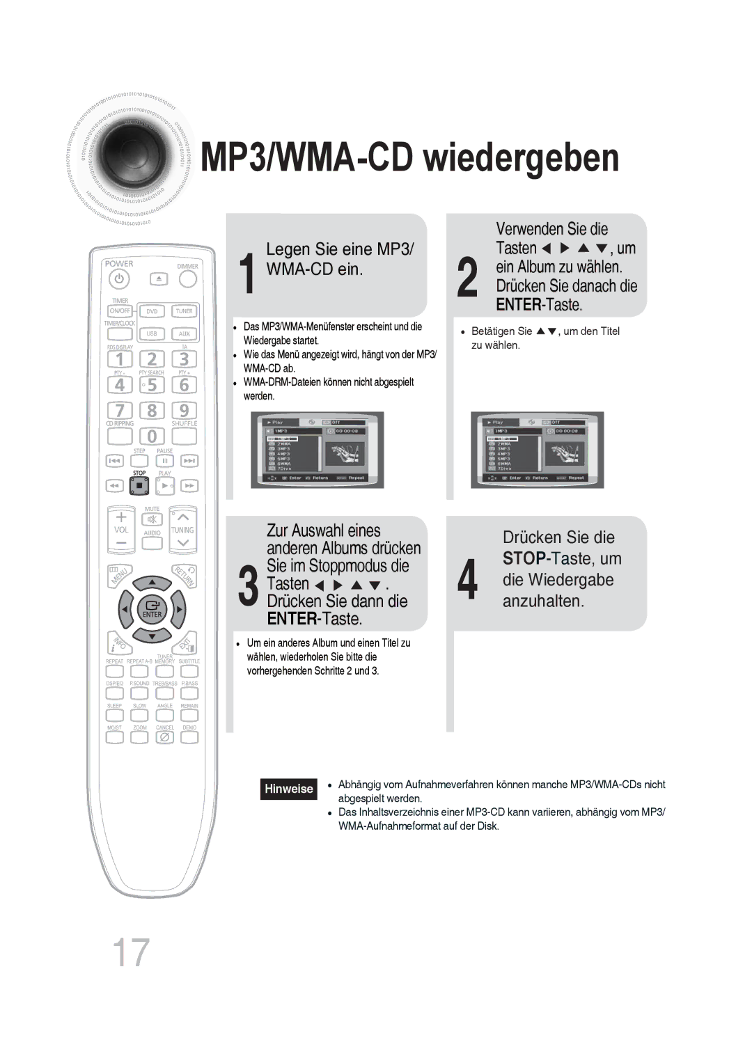 Samsung MM-DG25R/EDC, MM-DG25R/XEF MP3/WMA-CD wiedergeben, Legen Sie eine MP3 WMA-CD ein Verwenden Sie die Tasten , um 