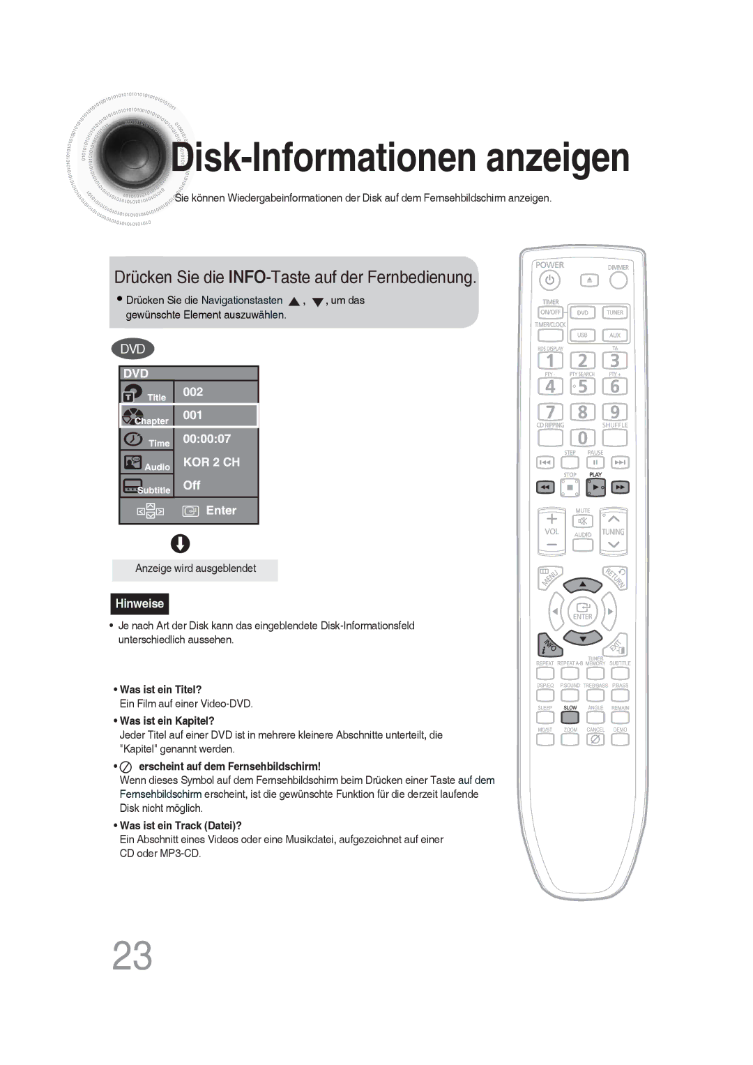 Samsung MM-DG25R/EDC, MM-DG25R/XEF manual Disk-Informationen anzeigen, Drücken Sie die INFO-Taste auf der Fernbedienung 