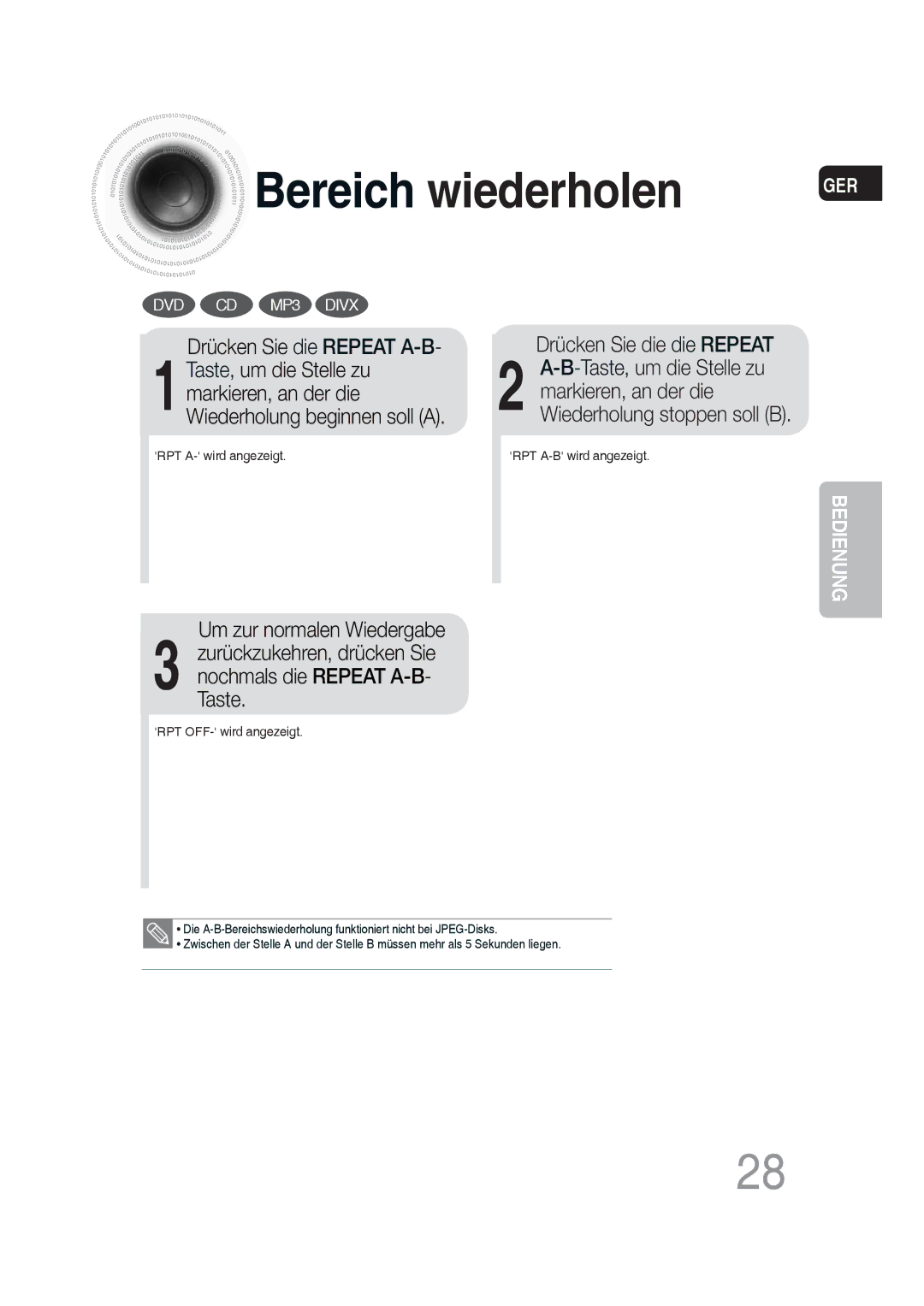 Samsung MM-DG25R/XEF, MM-DG25R/EDC manual Bereich wiederholen, Drücken Sie die Repeat A-B 