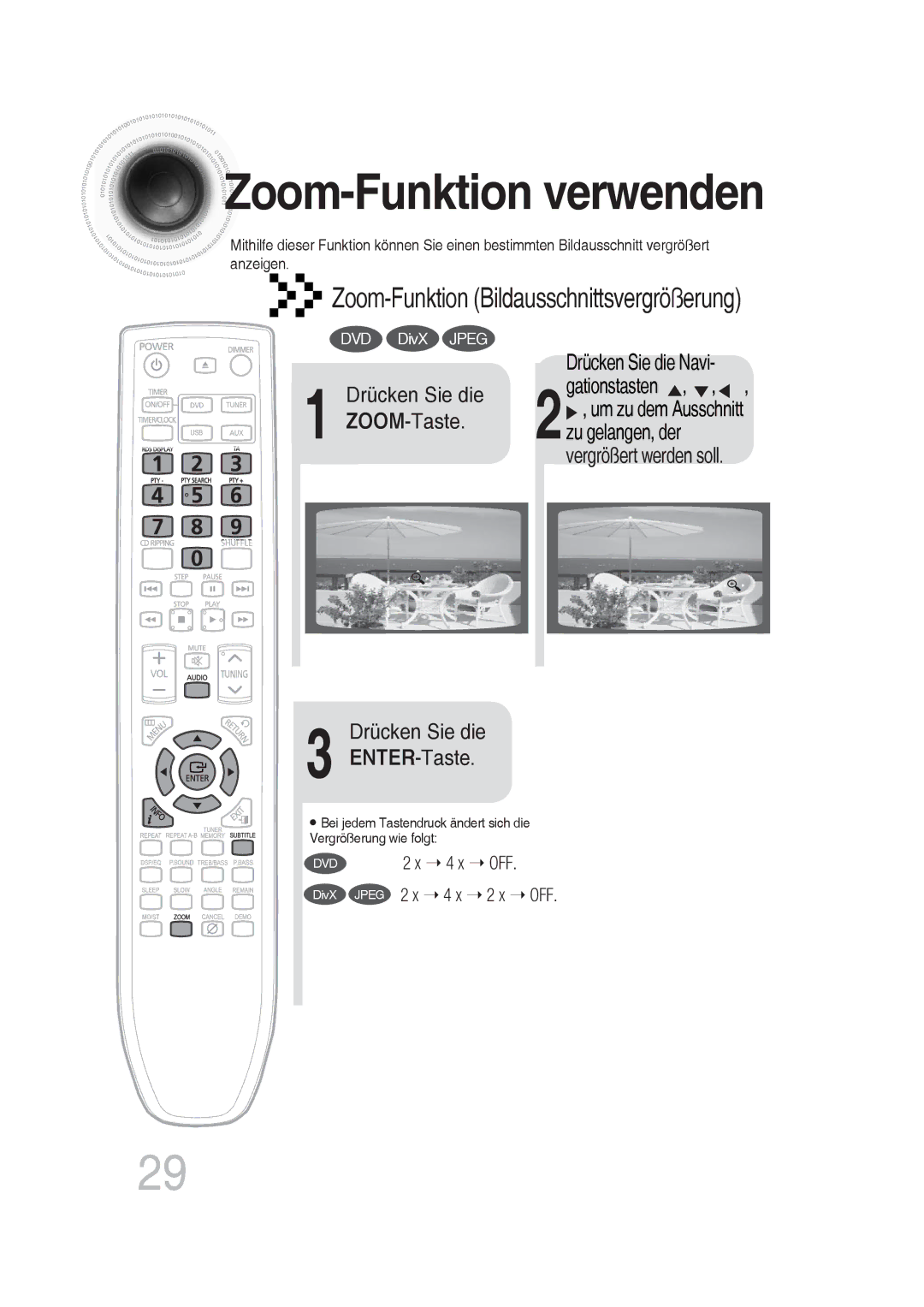 Samsung MM-DG25R/EDC, MM-DG25R/XEF manual Zoom -Funktion verwenden, Zoom-Funktion Bildausschnittsvergrößerung 