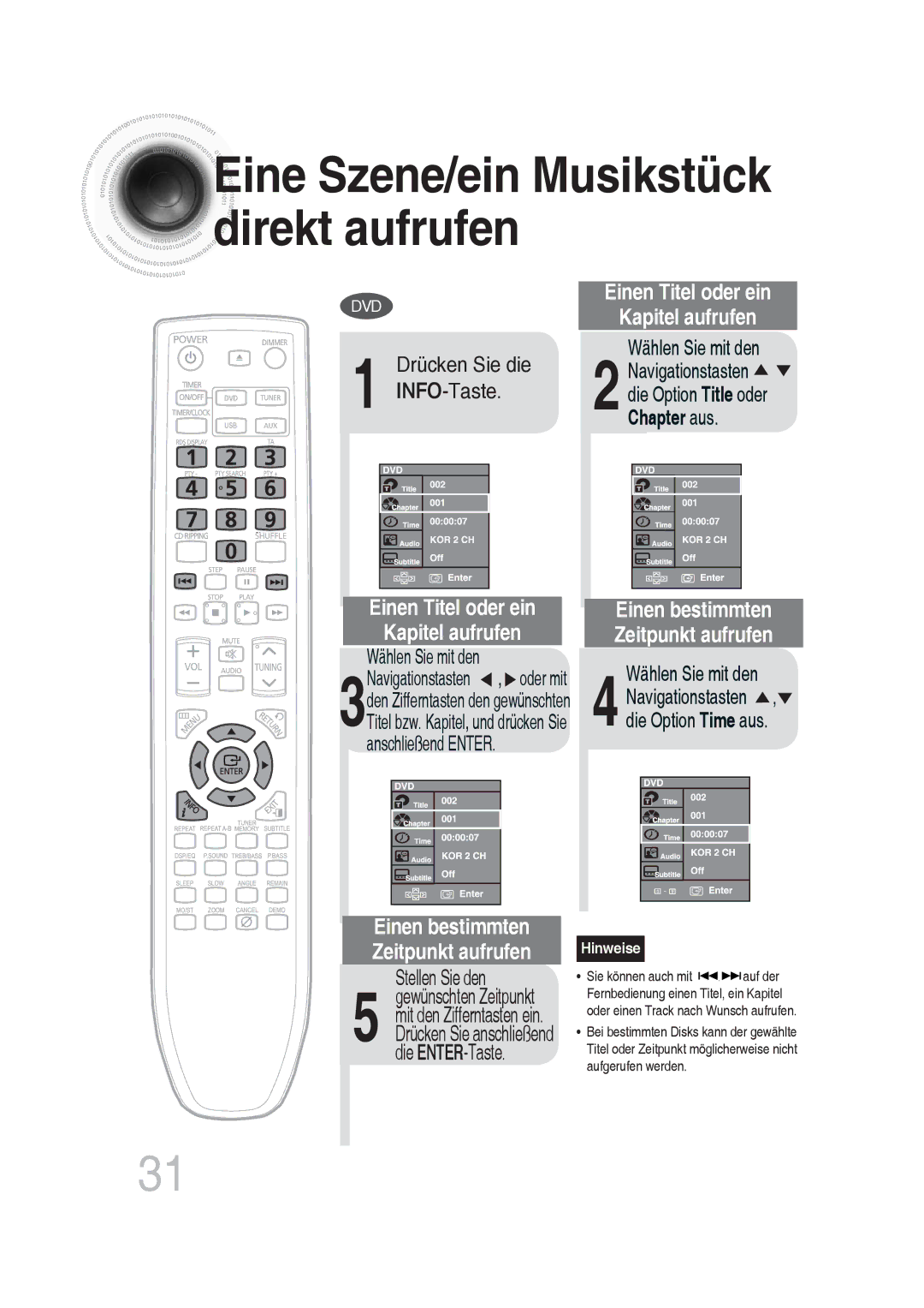 Samsung MM-DG25R/EDC, MM-DG25R/XEF manual Eine Szene/ein Musikstück direkt aufrufen, Stellen Sie den 