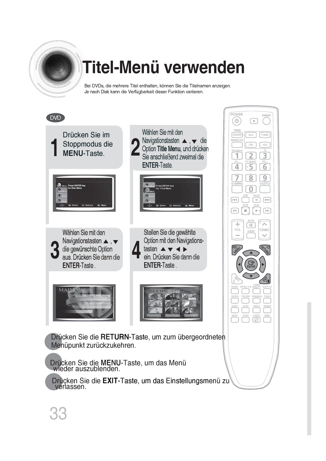 Samsung MM-DG25R/EDC, MM-DG25R/XEF manual Titel-Menü verwenden 