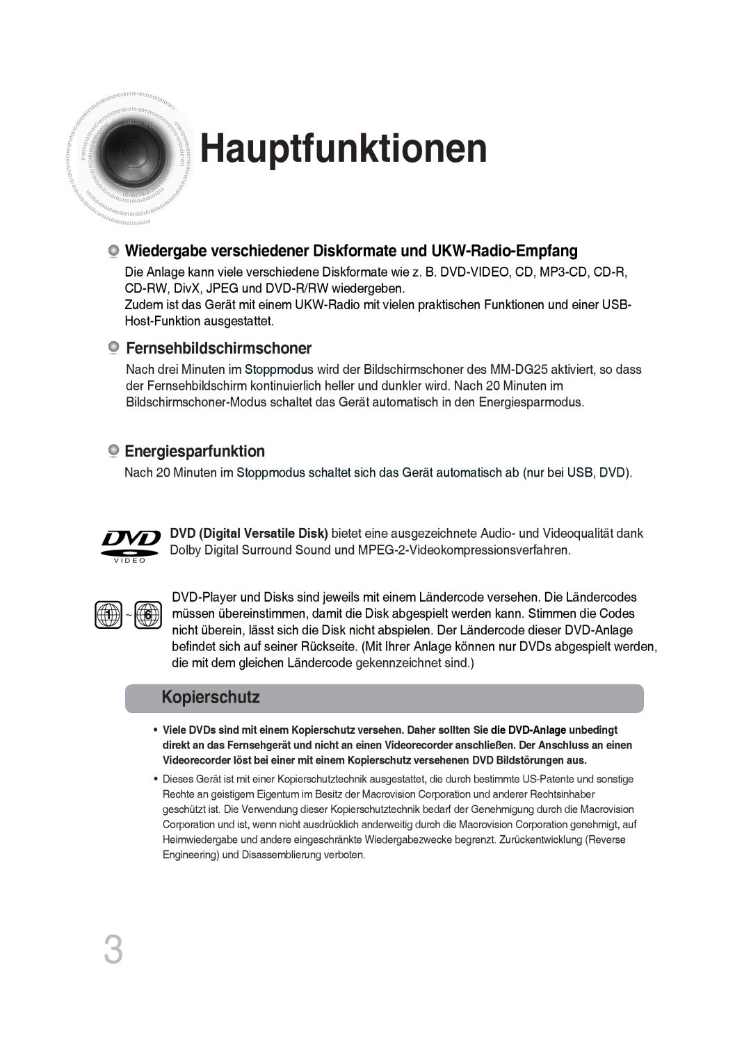 Samsung MM-DG25R/EDC, MM-DG25R/XEF manual Hauptfunktionen, Kopierschutz 