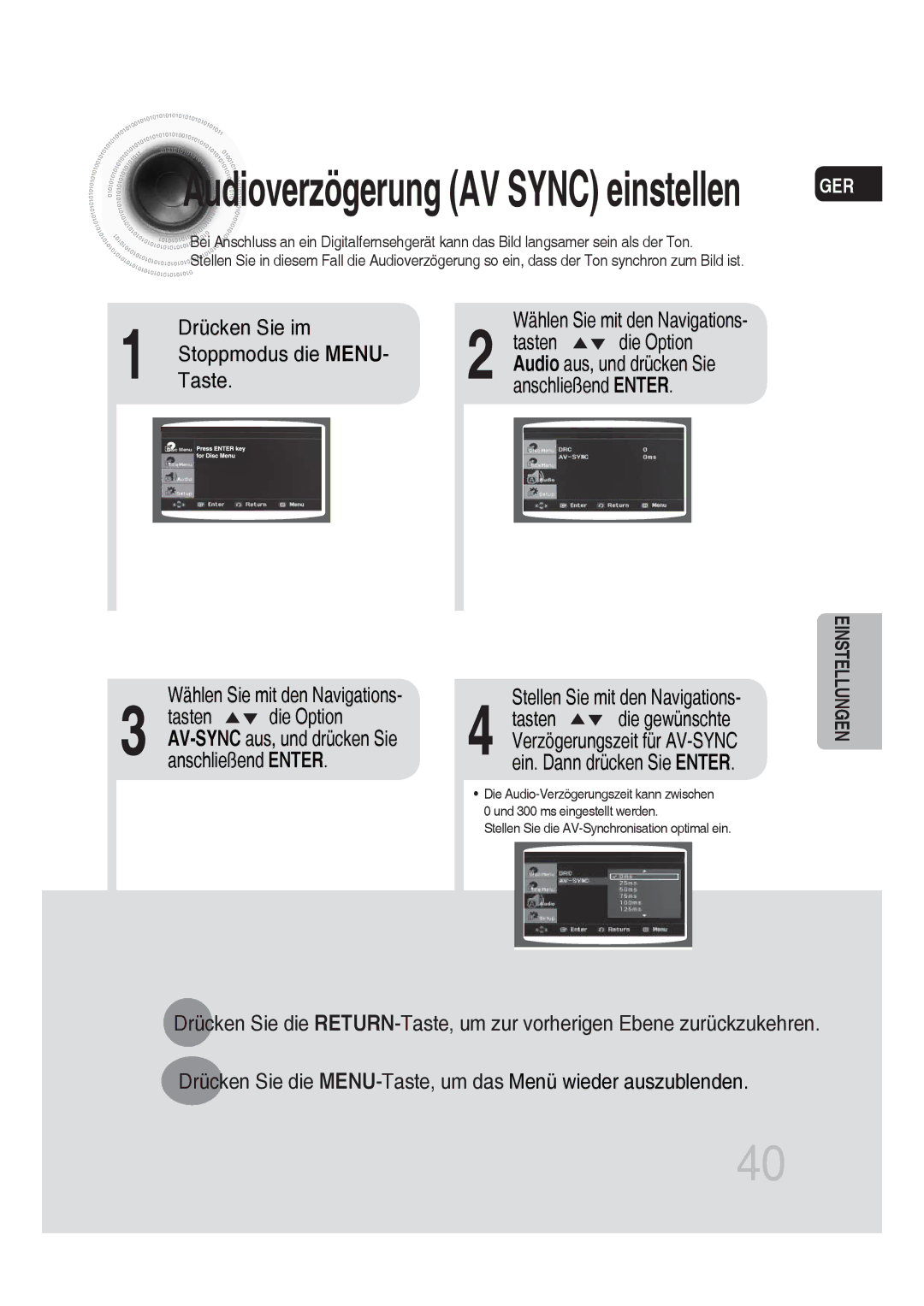 Samsung MM-DG25R/XEF manual Stoppmodus die Menu, Taste, Wählen Sie mit den Navigations, Stellen Sie mit den Navigations 